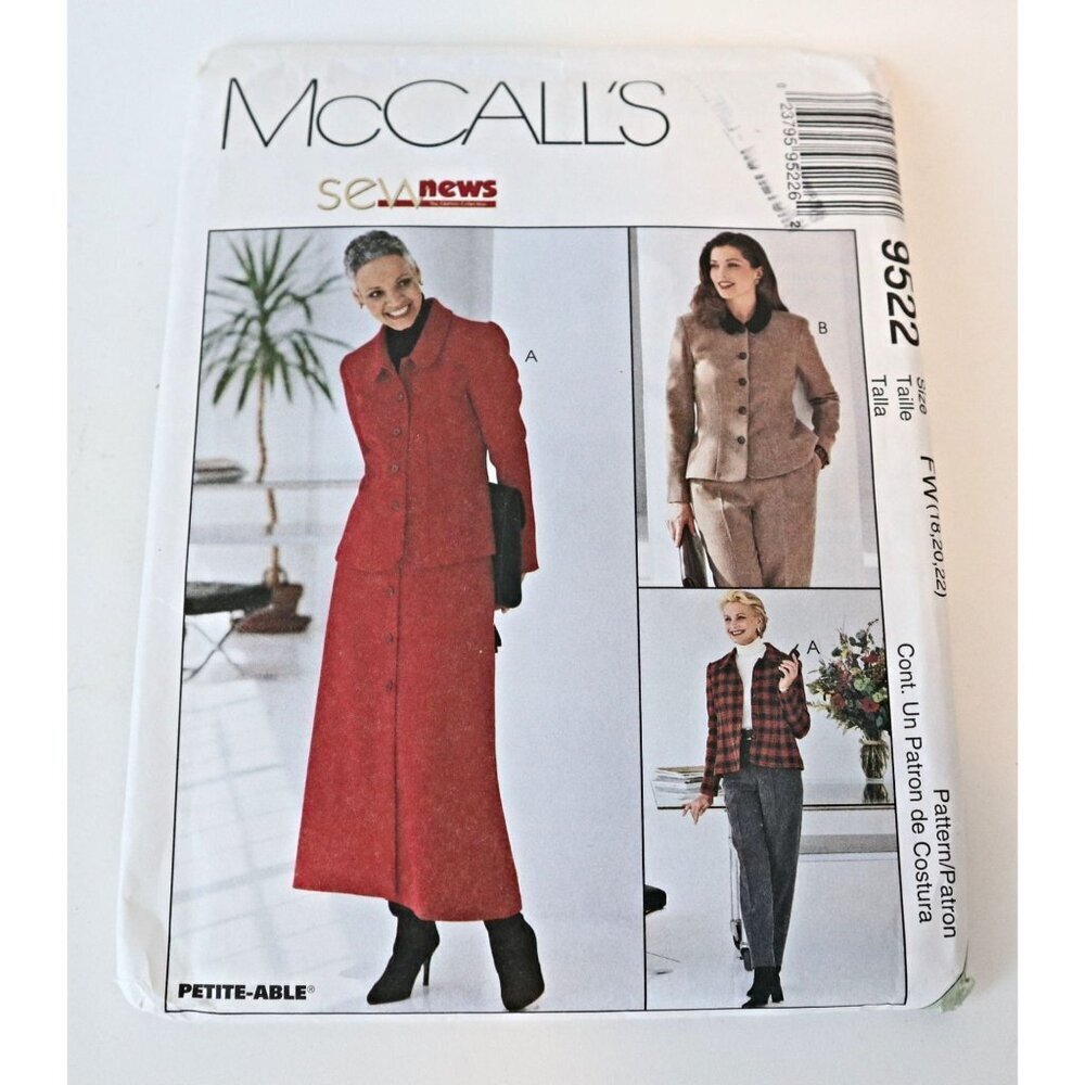 McCall's 9522 Sewing Pattern Misses' Lined Jacket Skirt Pants Size 18 20 22 Uncu